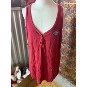 Harley Davidson Red Ribbed Henley Tank Top Embroidered Logo Sleeveless V-Neck